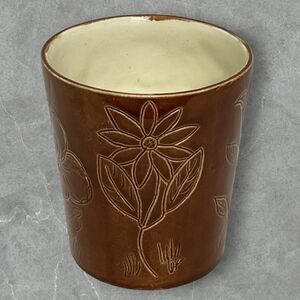 Grannycore Brown Ceramic Accent Pot With Etched In Flowers, Holder, Vase, Decor